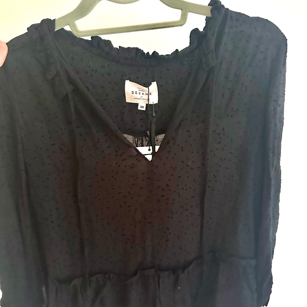 Sezane Black Swiss Dot Ruffled Neck Blouse